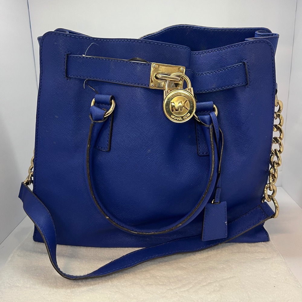 Michael Kors Hamilton Tote‎ Women Large Blue Fair Saffiano Leather Gold Hardware